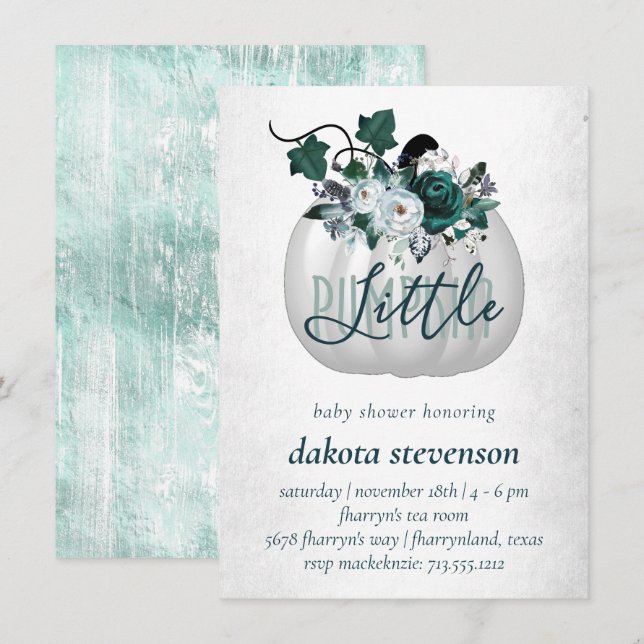 Invitation Petit Citrouille | Baby shower Turquoise vert flor (Devant / Derrière)