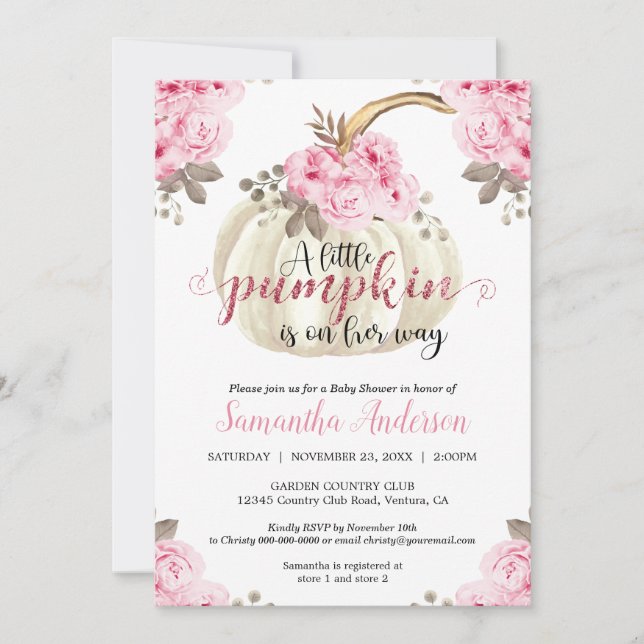 Invitation Petit Citrouille blanc rose Floral Baby shower fil (Devant)