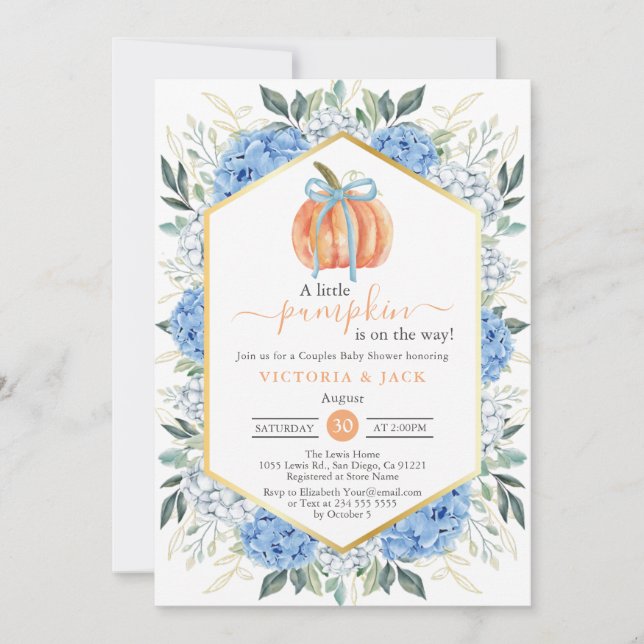 Invitation Petit Citrouille Bleu Floral Feuille Baby shower d (Devant)