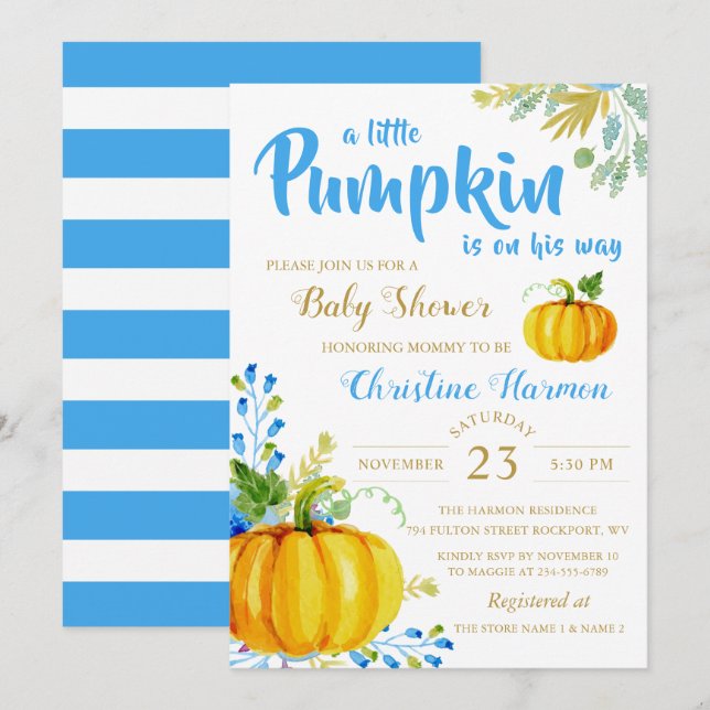 Invitation Petit Citrouille Blue Garden Baby shower Invitatio (Devant / Derrière)