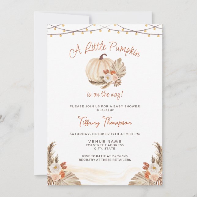 Invitation Petit Citrouille Boho Pampas Baby shower de chute  (Devant)