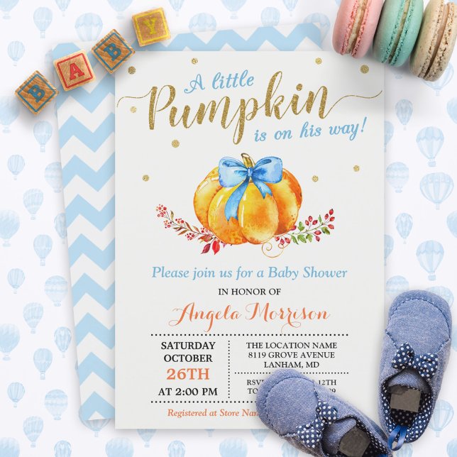 Invitation Petit Citrouille Boy Gold Blue Fall Baby shower (Créateur téléchargé)