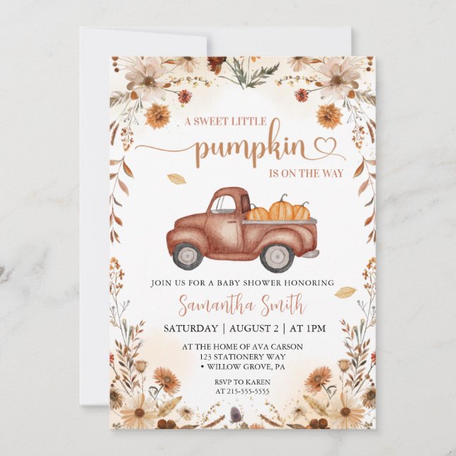 Invitation Petit citrouille Camion baby shower floral d'autom (Devant)