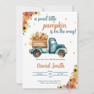 Invitation Petit Citrouille Camion Vintage Bleu & Fleurs d'Au