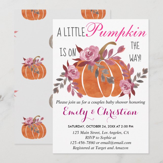 Invitation Petit Citrouille Couples d'automne Baby shower Flo (Devant / Derrière)