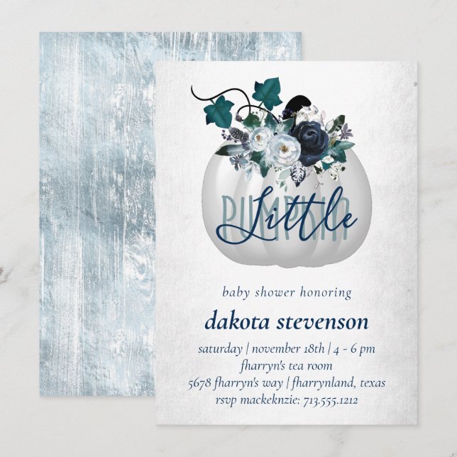 Invitation Petit Citrouille | Dusty Blue Floral Baby shower (Devant / Derrière)