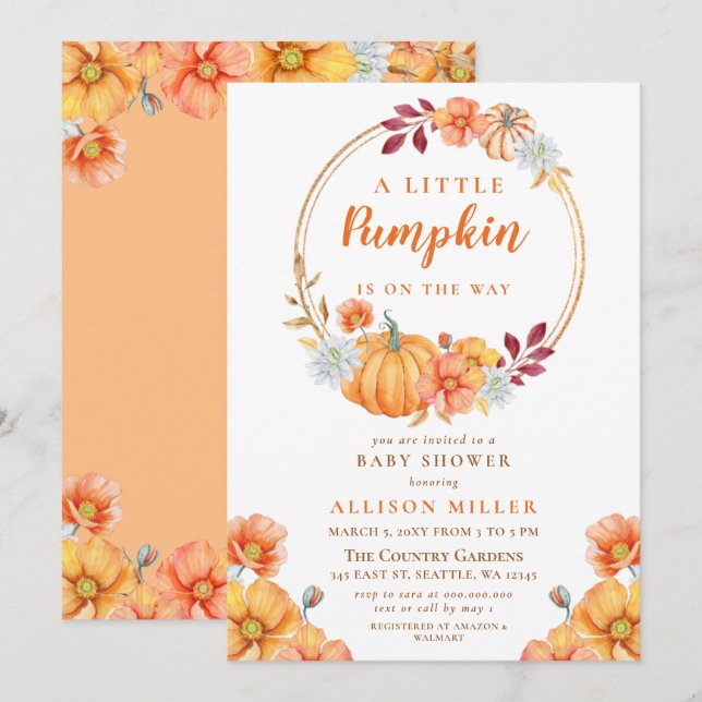 Invitation petit citrouille en baby shower d'automne (Devant / Derrière)