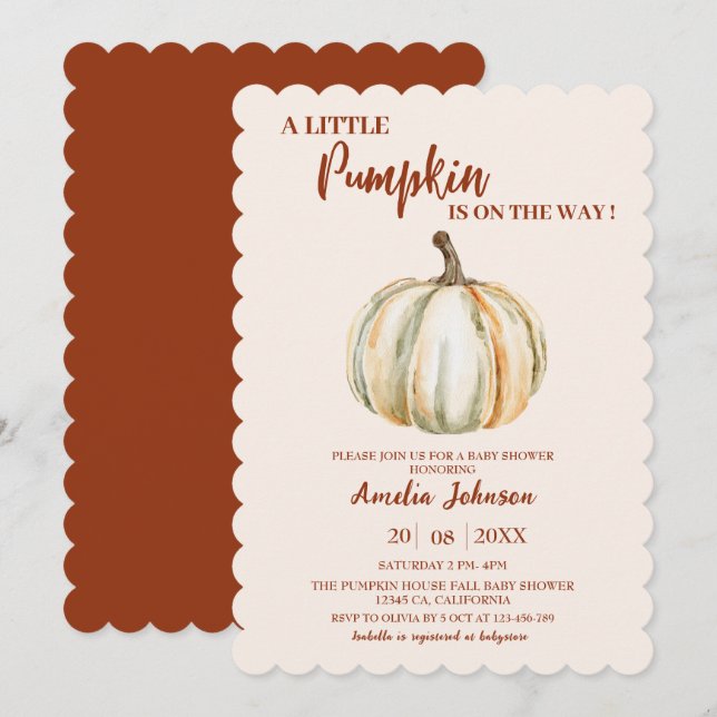 Invitation Petit Citrouille en route pour le Baby shower d'au (Devant / Derrière)