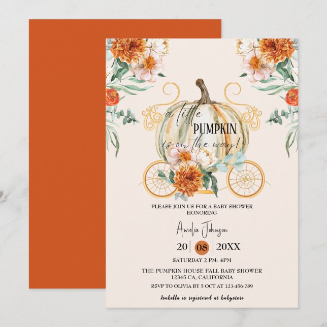 Invitation Petit Citrouille en route pour le Baby shower d'au (Devant / Derrière)