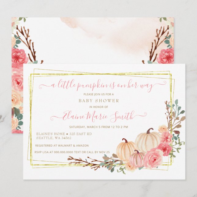 Invitation petit citrouille est en chemin baby shower rose (Devant / Derrière)