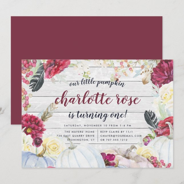 Invitation Petit Citrouille | Fête d'anniversaire florale d'a (Devant / Derrière)
