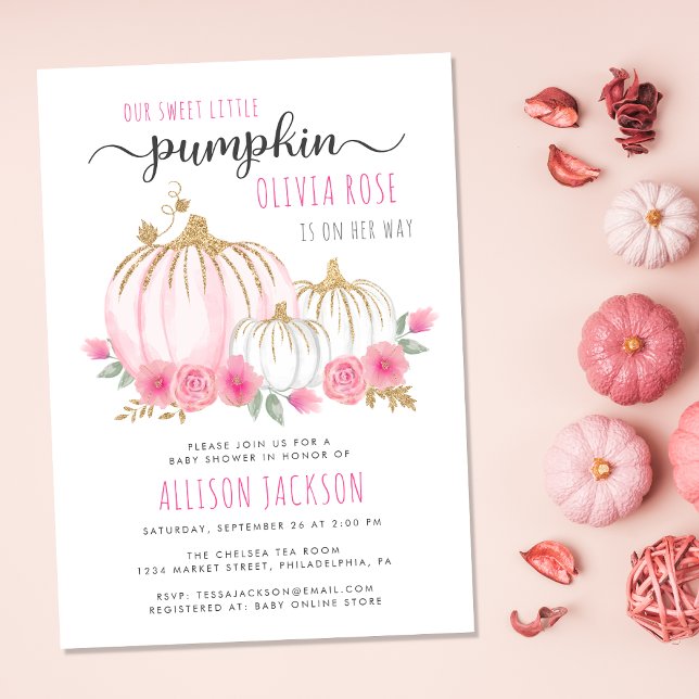 Invitation Petit Citrouille Floral Aquarelle bébé fille douch (Celebrate the upcoming arrival of your sweet autumn baby girl with a pumpkin-themed baby shower)