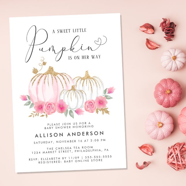 Invitation Petit Citrouille Floral Aquarelle bébé fille douch (Celebrate the upcoming arrival of your sweet little autumn baby with a pumpkin-themed baby shower)