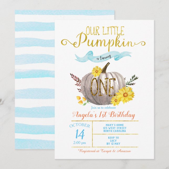 Invitation Petit Citrouille Garçon Gold Blue Automne 1er Anni (Devant / Derrière)