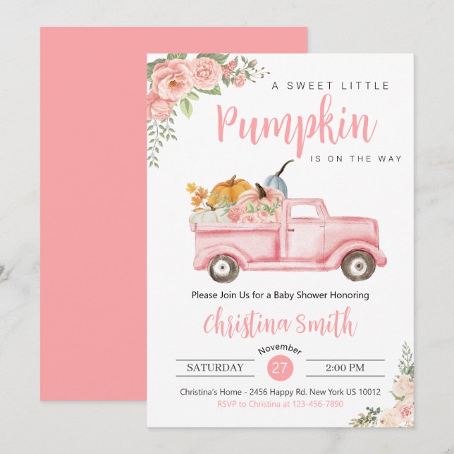 Invitation Petit Citrouille Pink Rustic Camion bébé fille dou (Devant / Derrière)