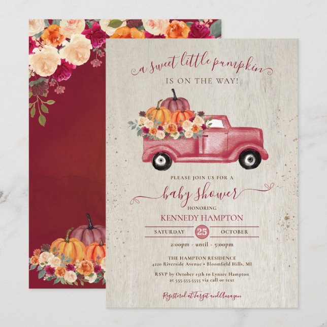 Invitation Petit Citrouille Red Fall Pickup Camion Baby showe (Devant / Derrière)