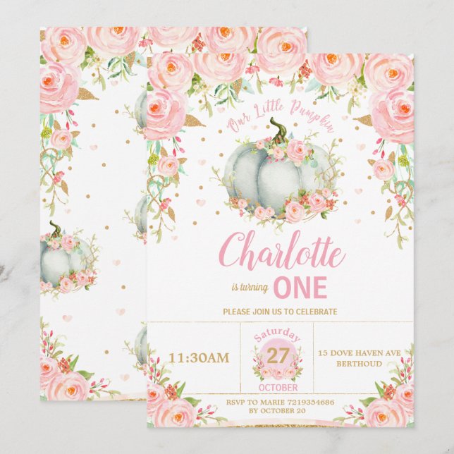 Invitation Petit Citrouille rose Floral 1er anniversaire (Devant / Derrière)