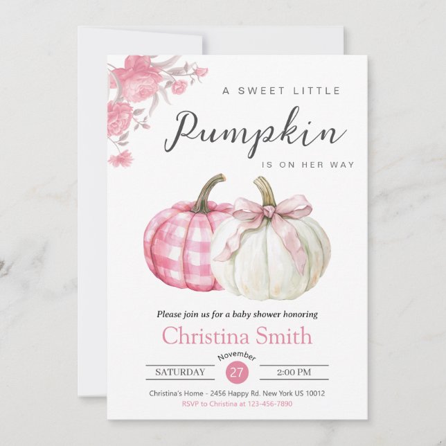 Invitation Petit Citrouille Rose Floral Baby Girl Douche (Devant)