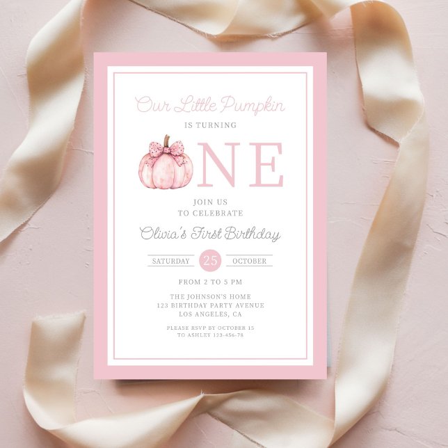 Invitation Petit Citrouille rose mignon 1er anniversaire (Cute Pink Little Pumpkin 1st Birthday Invitation)