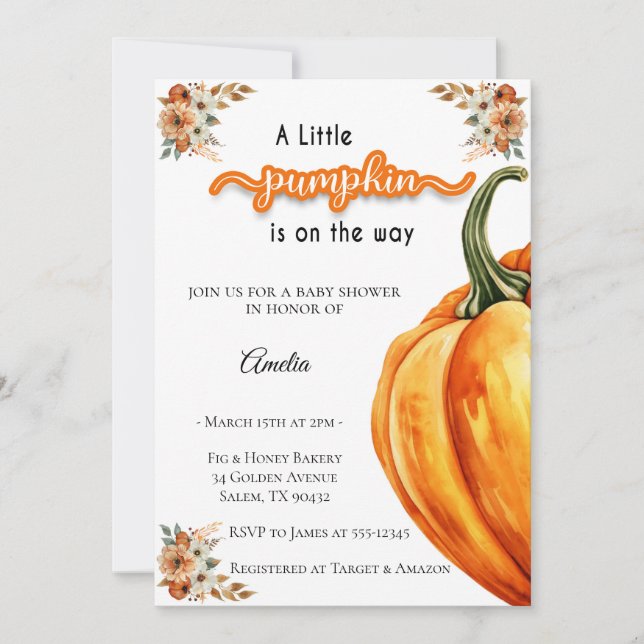 Invitation Petit Citrouille sur le Baby shower d'aquarelle Wa (Devant)