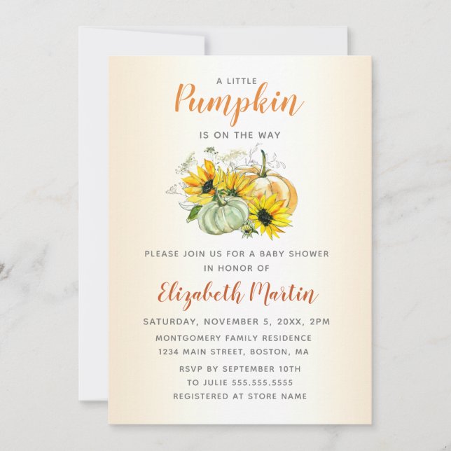Invitation Petit Citrouille sur le chemin Baby shower d'aquar (Devant)