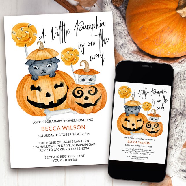 Invitation Petit Citrouille sur le chemin Baby shower Hallowe (Little Pumpkin cute halloween baby shower invitation available printed or as a printable download)