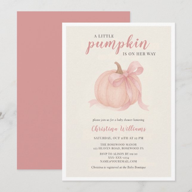 Invitation Petit Citrouille sur le chemin Baby shower rose (Devant / Derrière)