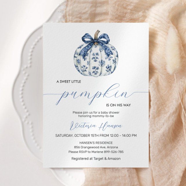 Invitation Petit Citrouille sur le chemin Boy Baby shower Blu (Pumpkin Baby shower invitation)