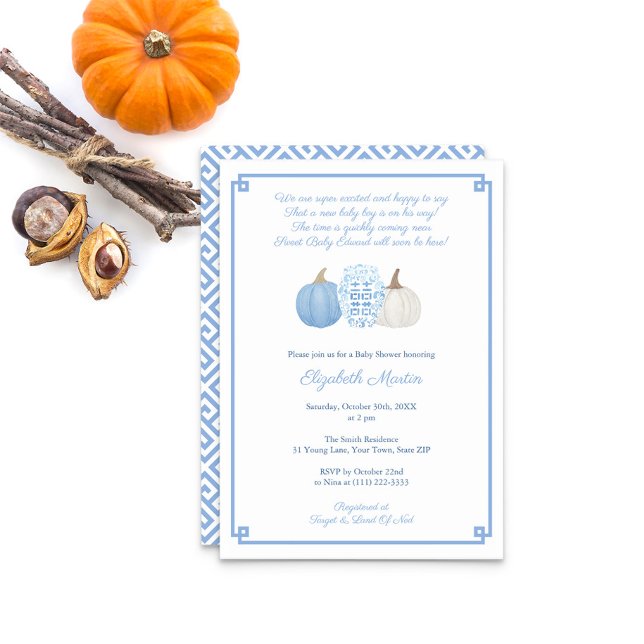 Invitation Petit Citrouille Sur Le Chemin Poem Boy Baby showe (New Baby Boy Poem Baby Shower Invitation Light Blue And White Pumpkins Ginger Jar. Greek Key Reverse)