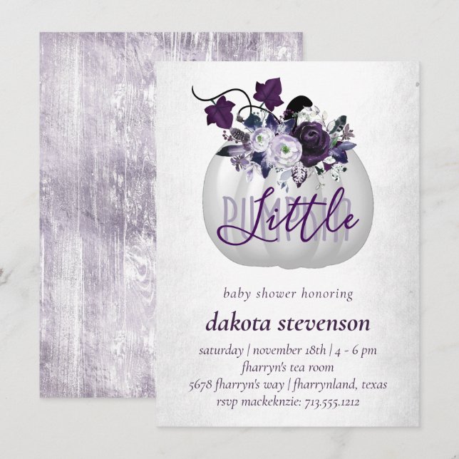 Invitation Petit Citrouille | Violet violet Baby shower Flora (Devant / Derrière)