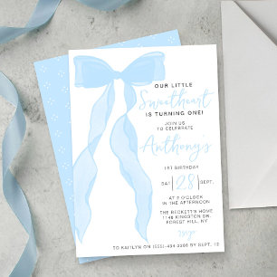 Invitation Petit Cœur Élégant Nœud Bleu Fête d'Anniversaire