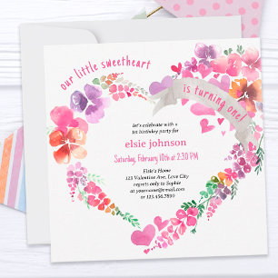 Invitation Petit Cœur Fleuris pour 1er Anniversaire Fille
