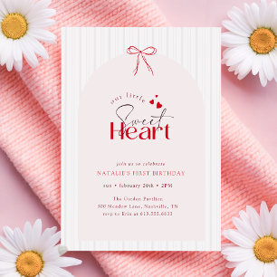 Invitation Petit Cœur Gentil Ruban Rouge Premier Anniversaire