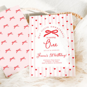 Invitation Petit coeur rose rouge noeud premier anniversaire
