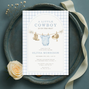 Invitation Petit Cowboy Baby Shower Gingham Bleu Garçon 