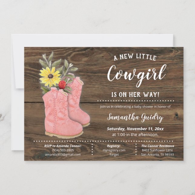 Invitation Petit Cowgirl Bootie Baby shower en bois Brown (Devant)