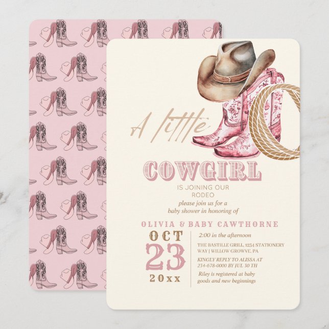 Invitation Petit Cowgirl Western Baby Girl douche Blush rose (Devant / Derrière)