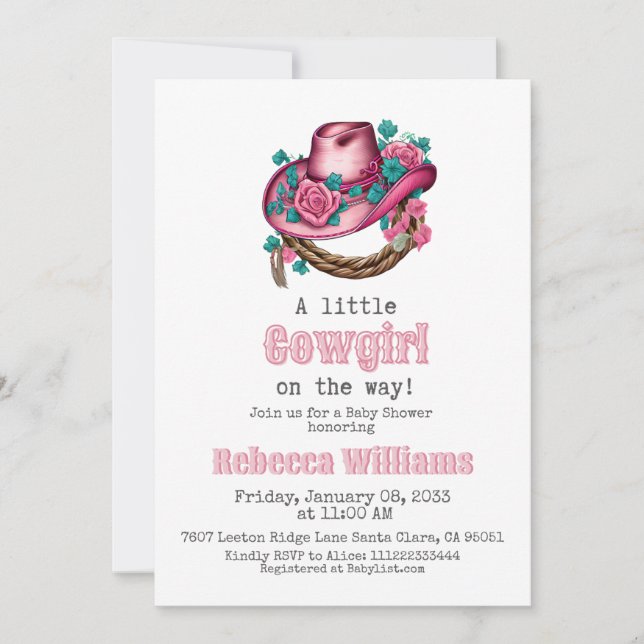 Invitation Petit Cowgirl Western rose Casquette Baby shower f (Devant)