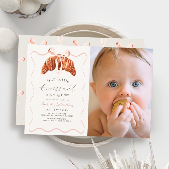 Invitation Petit Croissant Rose Bow Girl Photo 1er Anniversai (Créateur téléchargé)