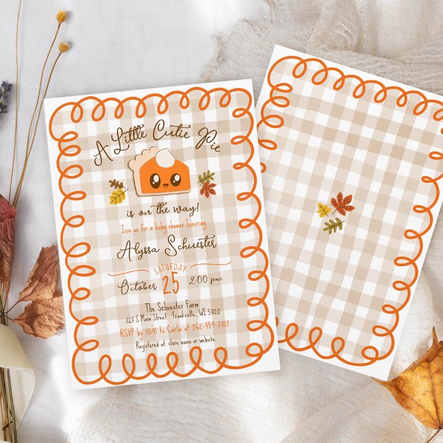 Invitation Petit Cutie Pie Main tiré Baby shower automne (Hand drawn scribble doodle whimsical Little Cutie Pie gingham modern Fall baby shower invitation)