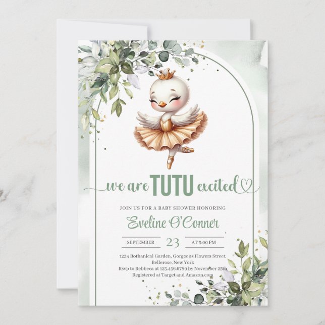 Invitation Petit cygne doux avec robe tutu or eucalyptus (Devant)