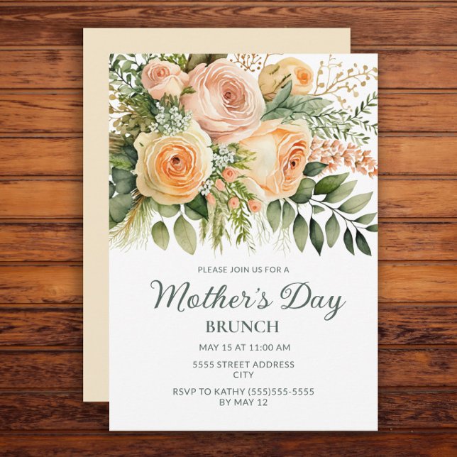 Invitation Petit déjeuner de la fête des mères avec verdure f (Peach floral and greenery Mother's Day Brunch invitation)