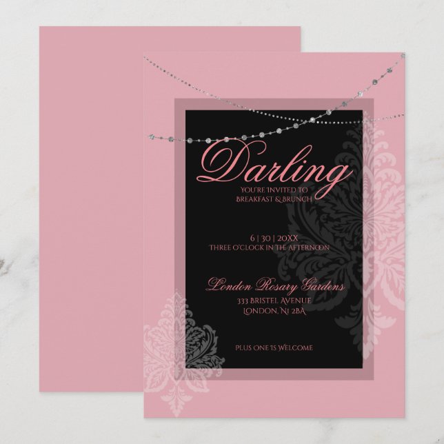 Invitation Petit-déjeuner et brunch rose et noir (Devant / Derrière)