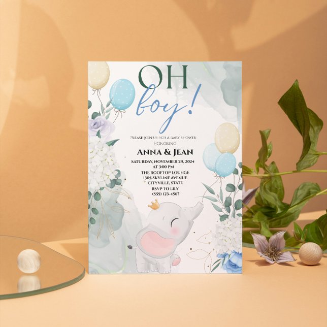 Invitation petit éléphant Aquarelle baby shower garçon (cute elephant Watercolor blue flower greenery balloon baby shower boy)