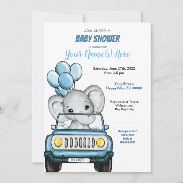 Invitation Petit éléphant dans le Baby shower de voiture Invi (Devant)