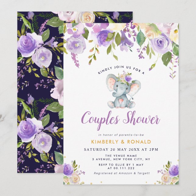 Invitation petit éléphant mauve fleuri couples douche (Devant / Derrière)