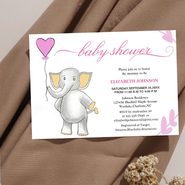 Invitation petit éléphant mignon avec baby shower de coeur ro (Créateur téléchargé)