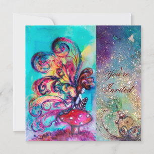 Invitation PETIT ELF DE CHAMPIGNONS, rose jaune bleu scintill