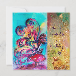 Invitation PETIT ELFÉ DE CHAMPIGNONS, rose jaune bleu scintil