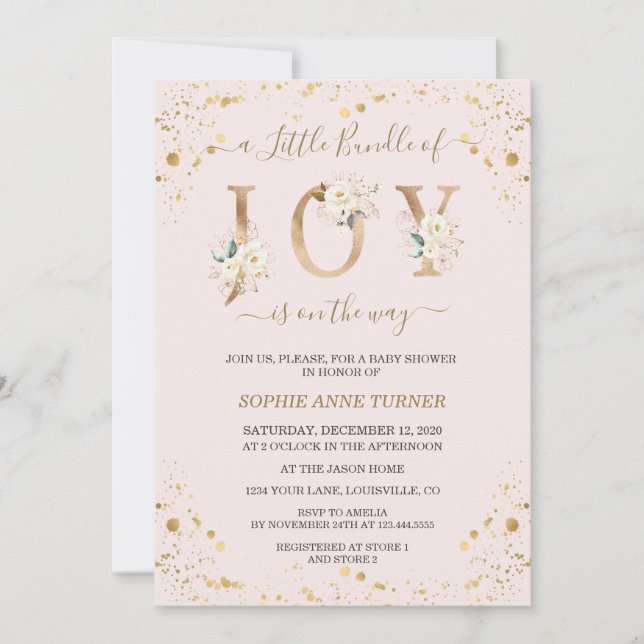 Invitation Petit Ensemble De Joy Baby shower Floral Or Blanc (Devant)